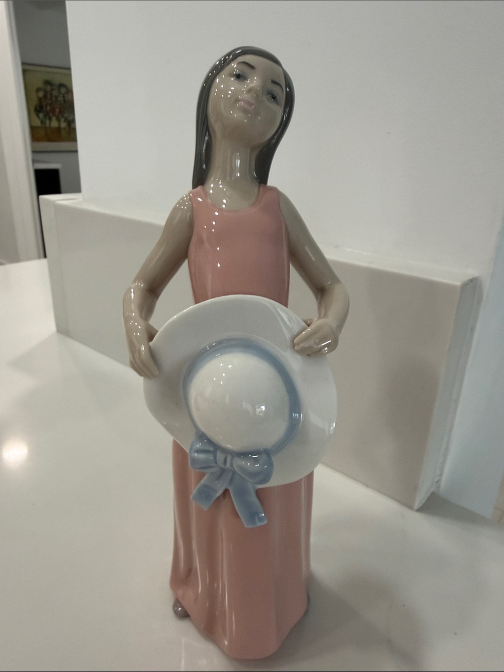 Lladro Pink Dress Girl Figurine Holding White Hat with Blue Trim